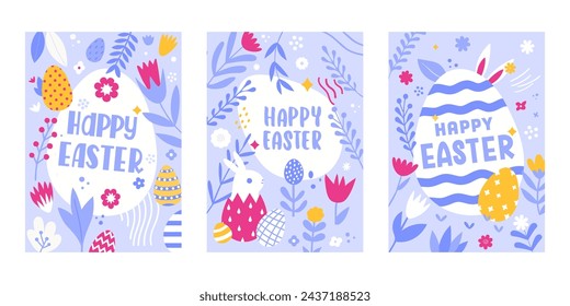 Establece tarjetas de felicitación alineadas verticalmente para celebrar Pascua, cada una con diseños florales y de huevos de colores pastel con un mensaje central de Pascua feliz. Los elementos decorativos incluyen flores, hojas, puntos,