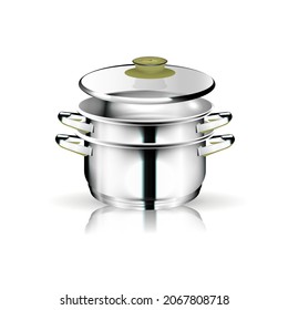 A set of vertically standing realistic chrome kitchen utensils with a glass lid. 3D Vector image for menu design, restaurant, recipes.