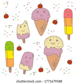 A set of very cute ice cream in pastel color isolated on white background. They’re have various emotions on their face and some sprinkles and cherry floating around.