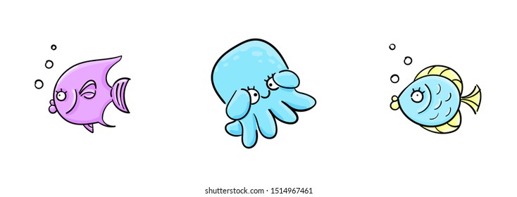 Set Very cute octopus and fish hand drawn in cartoon style. Animal wildlife. Flat vector illustration. Kawaii card sketch for t shirt design, School books, Greeting cards, posters.