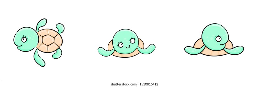 Set Very cute turtle hand drawn in cartoon style. Animal wildlife turtle Flat vector illustration. Kawaii turtle card sketch for t shirt design, School books, Greeting cards, posters.