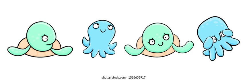 Set Very cute turtle and octopus hand drawn in cartoon style. Animal wildlife. Flat vector illustration. Kawaii card sketch for t shirt design, School books, Greeting cards, posters.