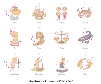Set of very cute zodiac signs. EPS 10. No transparency. No gradients.
