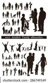 Set of very detailed Family Silhouettes:  Men's, Women's and Children. Jumping and walking. 