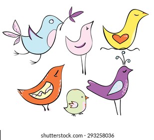 Set of very lovely cartoon birds in pastel colors. Vector illustration