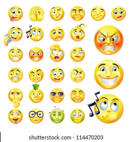 A Set Of Very Original Emoticon Or Emoji Icons Representing Lots Of Reactions, Personalities And Emotions