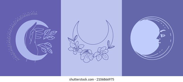 A set in very peri color of mystical boho-style templates. Esoteric vector illustrations of the moon and crescent.