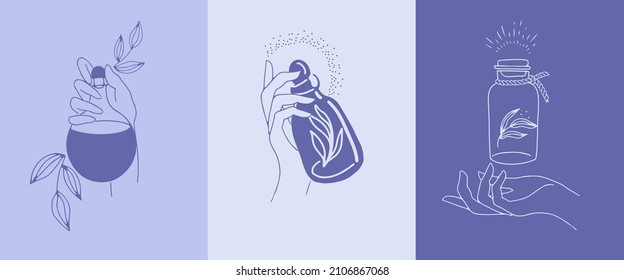 A set in very peri color of posters with vessels with medicinal infusion. Flasks with the drug in their hands. Vector illustrations of ritual symbols in boho style