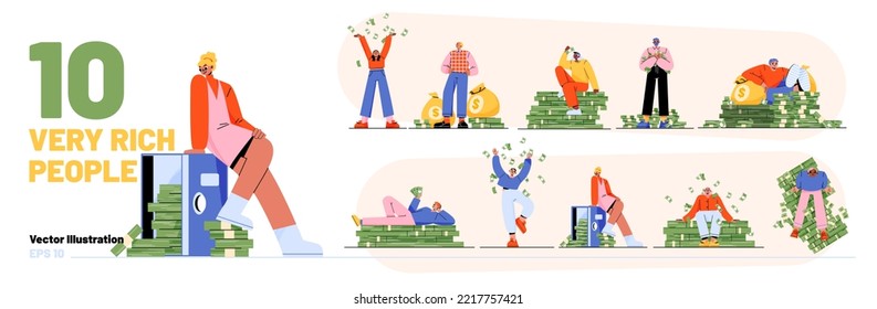 Set of very rich people with lots of money isolated on white. Flat vector illustration of successful characters sitting, lying on piles of cash, throwing dollar banknotes in air. Lucrative business