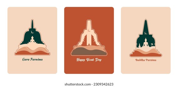 Set of Vesak Day Greeting Card Bohemian Flat Style. Buddha, Lotus, Temple, Pura Vector Illustration. Selamat Hari Raya Waisak. Happy Guru Purnima Background