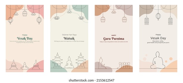 Set of Vesak Day Social Media Story Post Template. Buddha, Lotus, Temple, Lantern India Vector Illustration. Selamat Hari Raya Waisak. Happy Guru Purnima Background