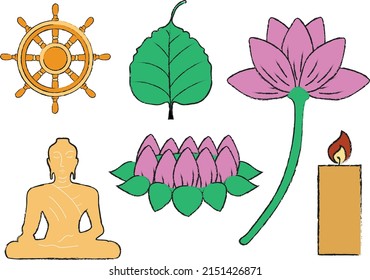Set of Vesak. Vesak items. Image of Buddha, lotus flowers, bodhi tree, candle and the wheel of law. Flat vector illustration