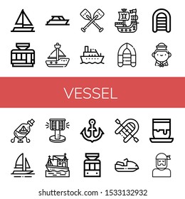 Set of vessel icons. Such as Sailing boat, Tramway, Yacht, Sailboat, Oars, Boat, Pirate ship, Inflatable boat, Sailor, Ship in a bottle, Bollard, Anchor, Motorboat , vessel icons