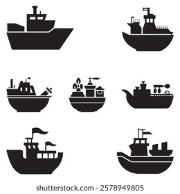 Set of Vessel and Ship Icons – Maritime, Cargo, and Fishing Boat Silhouette on a white background.