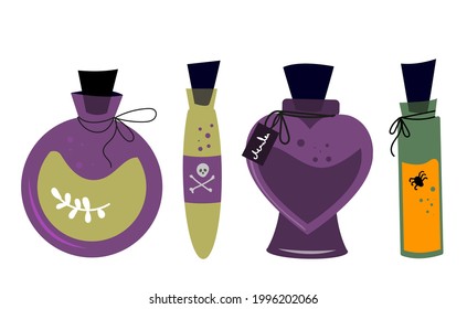 A set of vessels with potion and poison, an attribute for witchcraft spells of a witch for Halloween. Vector element for the design of packaging, postcards. Clipart on a white background.