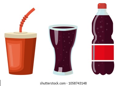 A set of vessels with a  soda (cola) - a paper glass, a glass beaker, a plastic bottle with a cola. Vector illustration