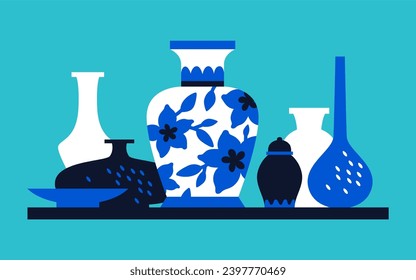 Set of vessels and utensils - modern colored vector illustration with decorative and kitchen porcelain and ceramic products. Chinese service, jugs, vases and bowls. Traditional Asian souvenirs idea