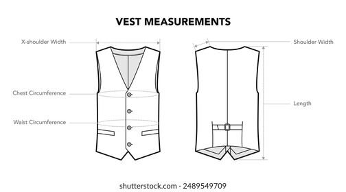 Set of Vest measurements, diagram with names - length, Circumference styles technical fashion illustration. Flat apparel template front, back view. Women, men unisex CAD mockup isolated on white