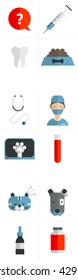 Set of vet and animal medical icons: syringe, question bubble, dog food, tooth, vet, doctor, stethoscope, test tube, x-ray, Bandaged dog, acupuncture for cat, vitamin bottle, dropper