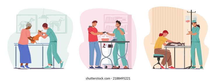 Set Vet Clinic Doctors Working And Caring Of Pets. Men and Women Owners With Cat, Dog and Rats In Cage on Appointment In Veterinary Hospital, Animal Health Care, Medicine, Cartoon Vector Illustration