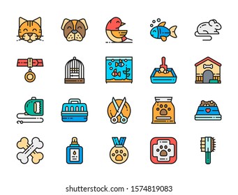 Conjunto de iconos de color plano de la clínica de veterinaria. Gato, Perro, Pájaro, Loro, Pescado, Ratón, Acuario, Medalla, Herramientas, Tijeras, Ayuda Médica Animal y más.