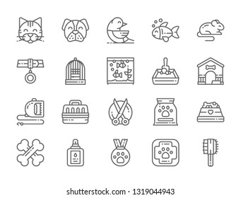 Set of Vet Clinic and Pet Shop Line Icons. Cat, Dog, Bird, Parrot, Fish, Mouse, Aquarium, Medal, Tools, Scissors, Animal Medical Aid and more. Pack of 48x48 Pixel Icons