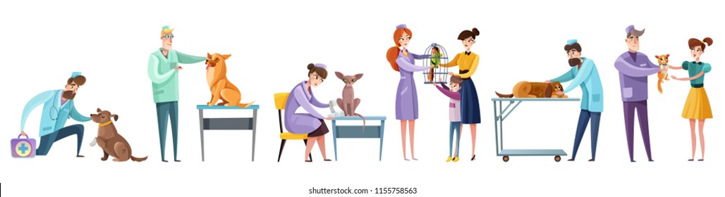 Set of vet doctors during pets examination and owners of domestic animal isolated flat vector illustration