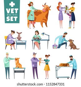 Set of vet doctors during professional examination of pets and farm animals isolated vector illustration