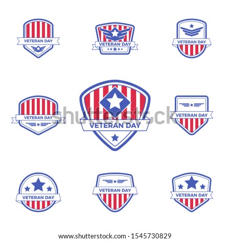 Set of Veteran day logo badge template with red and blue design for event or stamp.