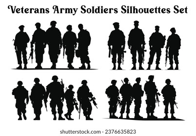 Conjunto de Veteranos Soldados del Ejército Vectores Silhouettes, colección de siluetas de los soldados del ejército vector Clipart