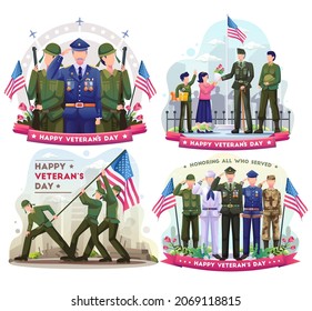 Set of Veterans Day with Army veterans of various forces are celebrating, saluting, and honoring Veterans Day. FLat vector illustration