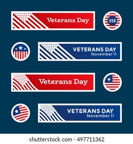Set of Veterans Day banners and American flag badges