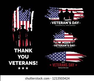 Set of Veteran's day banners. Honoring all who served. Veteran's day illustration with american flag