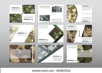 Set of Veterans Day brochure, poster templates in khaki style. Beautiful design and layout