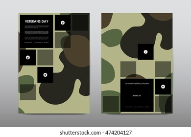 Set of Veterans Day brochure, poster templates in khaki style. Beautiful design and layout