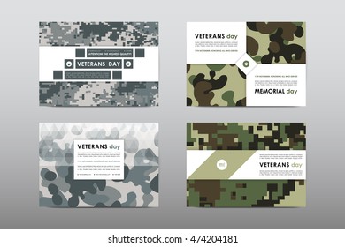 Set of Veterans Day brochure, poster templates in khaki style. Beautiful design and layout