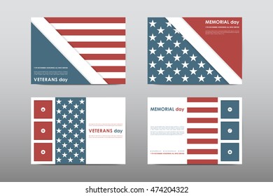 Set of Veterans Day brochure, poster templates in USA flag style. Beautiful design and layout