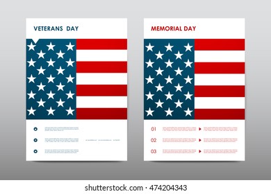 Set of Veterans Day brochure, poster templates in USA flag style. Beautiful design and layout