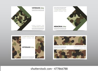 Set of Veterans Day brochure, poster templates in khaki style. Beautiful design and layout