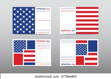 Set of Veterans Day brochure, poster templates in USA flag style. Beautiful design and layout