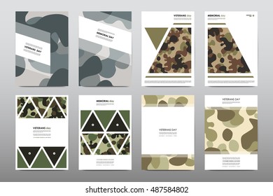 Set of Veterans Day brochure, poster templates in khaki style. Beautiful design and layout