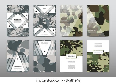 Set of Veterans Day brochure, poster templates in khaki style. Beautiful design and layout