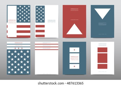 Set of Veterans Day brochure, poster templates in USA flag style. Beautiful design and layout