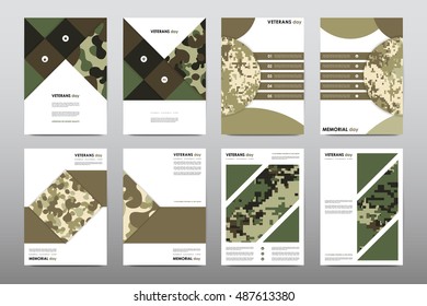 Set of Veterans Day brochure, poster templates in khaki style. Beautiful design and layout