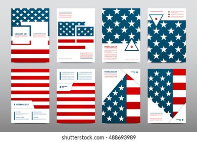 Set of Veterans Day brochure, poster templates in USA flag style. Beautiful design and layout