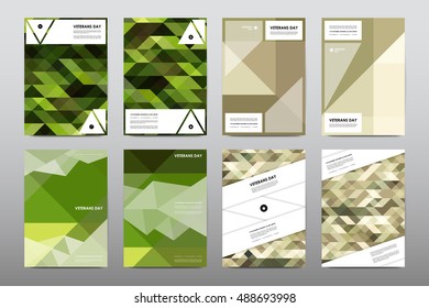 Set of Veterans Day brochure, poster templates in khaki style. Beautiful design and layout