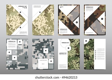 Set of Veterans Day brochure, poster templates in khaki style. Beautiful design and layout