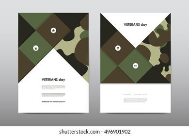 Set of Veterans Day brochure, poster templates in khaki style. Beautiful design and layout