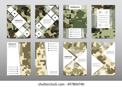 Set of Veterans Day brochure, poster templates in khaki style. Beautiful design and layout