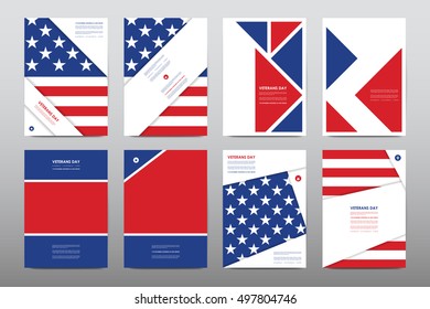 Set of Veterans Day brochure, poster templates in USA flag style. Beautiful design and layout